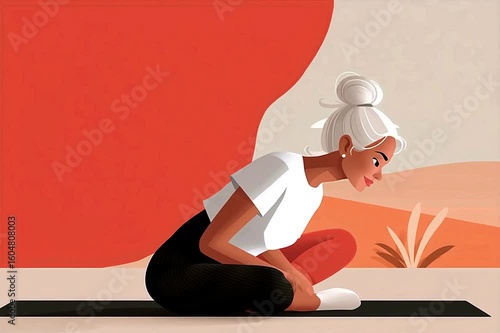 Motion video of woman with white hair tied back in a casual bun. Full-length portrait practicing yoga pose