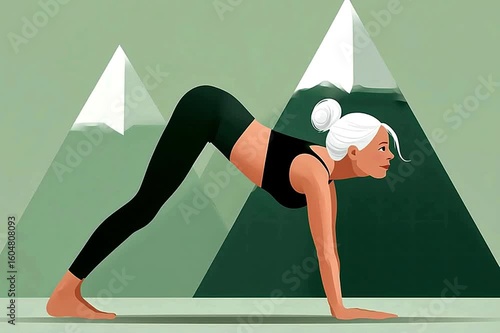 Motion video of woman with white hair tied back in a casual bun. Full-length portrait practicing yoga pose