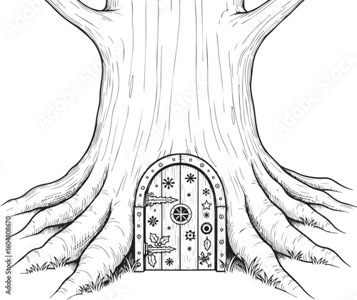Enchanted tree with tiny door and roots fairy fantasy