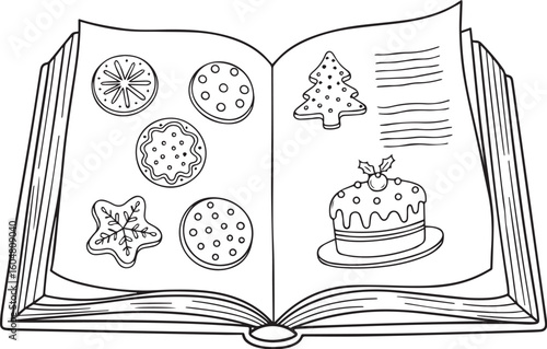 Open book with christmas cookies and cake vector