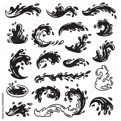Black ink splashes and waves water splashes ink splatters