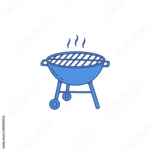 Round blue barbecue grill with steam,  transparent background.   