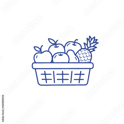 Line drawing of a basket filled with apples and pineapple  
