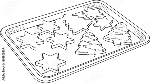 Star and Christmas tree cookies on baking tray stars christmas trees