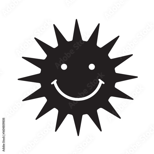 Black sun face with happy smile and pointy rays vector