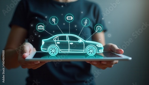 Futuristic illustration of a digital car hologram above a tablet, featuring automotive tech icons. Concept of smart vehicle innovation and digital transformation in the auto industry.
