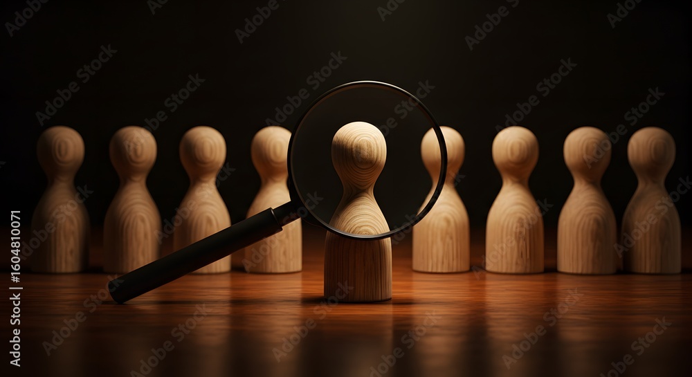 © Blind  - A magnifying glass focuses on a dark-skinned wooden figure among lighter-skinned ones, symbolizing the importance of diversity and inclusion in selection processes. Generated AI