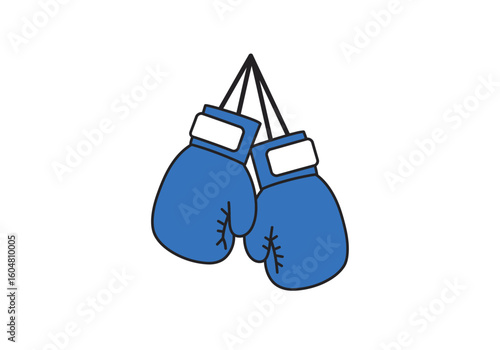 Blue Boxing Gloves Hanging with White Cuffs and Black Strings.