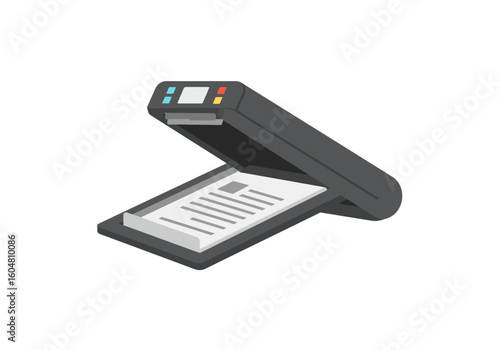 Flatbed Scanner with Document Grey Plastic Housing Open Lid Isometric View.