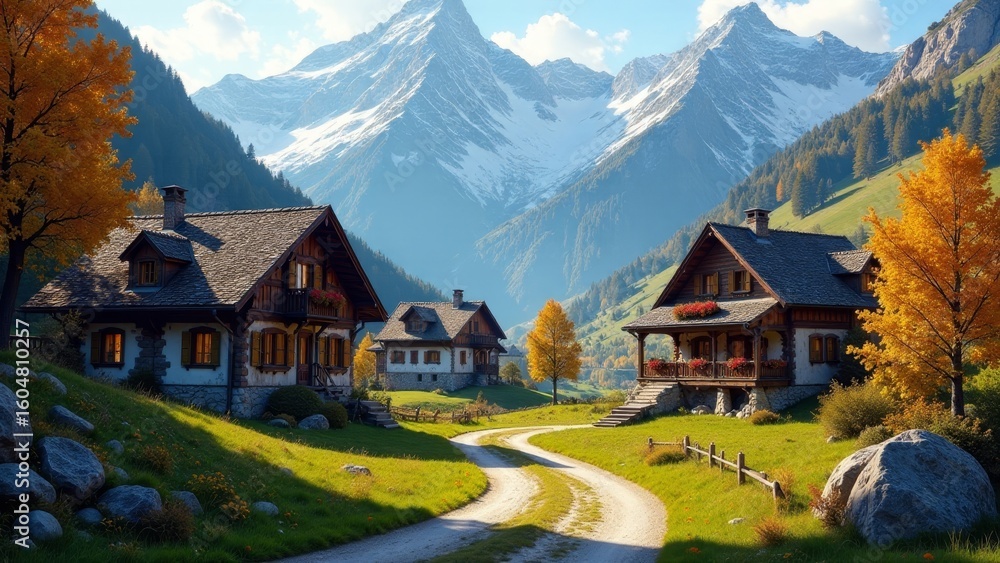 Fototapeta premium Serene mountain village homes nestled amongst autumn foliage and snow-capped peaks, winding path leads to picturesque dwellings