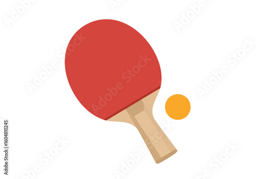 Red Ping Pong Paddle and Orange Ball Illustration on White Background.
