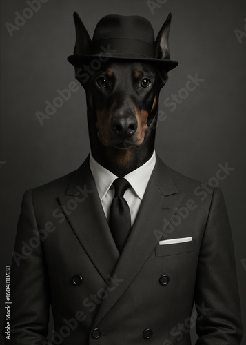 Elegant Doberman Pinscher Dog in a Sophisticated Black Suit and Hat. Gentleman dog, pet portrait, animal fashion, formal attire, dapper style