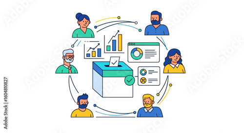 Diverse individuals participate in a community-wide voting process, with data visualization elements illustrating the collection of feedback and opinions.