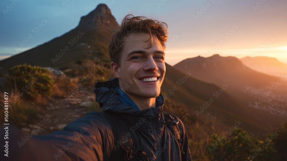 Naklejka premium Selfie of happy young man on hike with mountain peaks in background at sunrise.