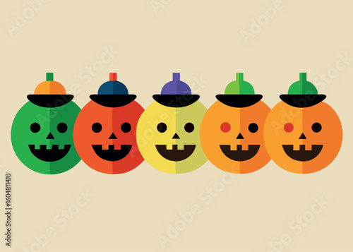 Vector illustration featuring eight Halloween puppies in various costumes set against a spooky and colorful Halloween background design