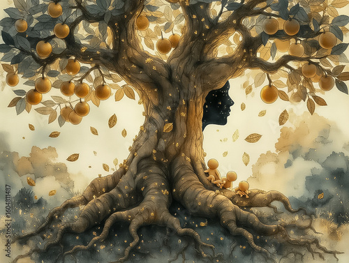 Motherhood Tree of Life: Stretch Mark Bark & Baby Fruit Branches – Nurturing Roots Silhouette, Gold Leaf Antibody Leaves, Symbolic Watercolor of Maternal Love & Growth