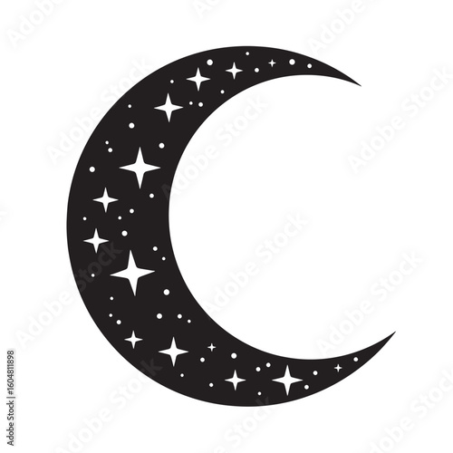 Crescent moon with sparkling stars and dots night sky celestial