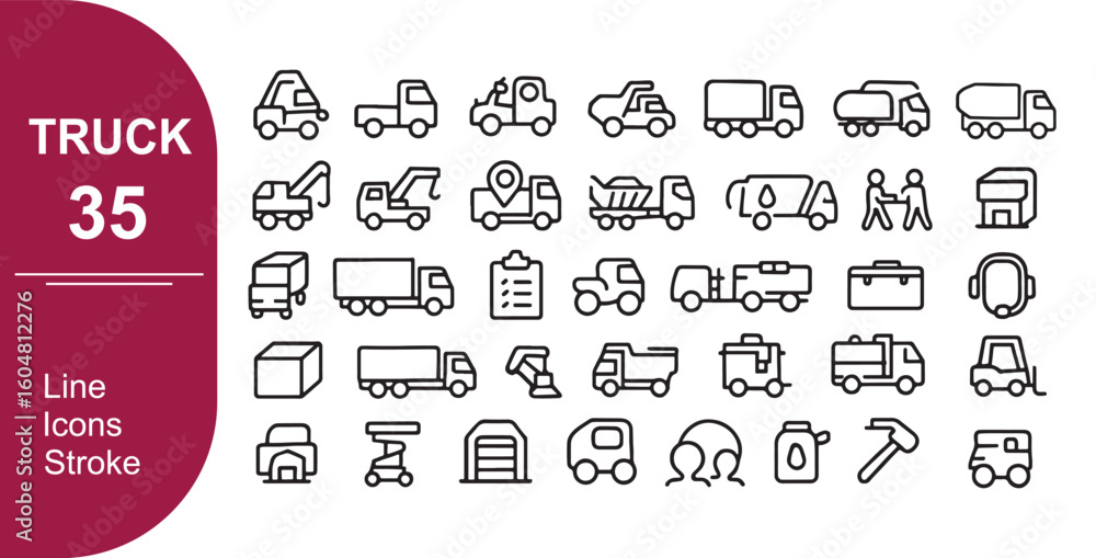 Naklejka premium Truck Icons 35 Minimal Outline Cargo and Transport Symbols