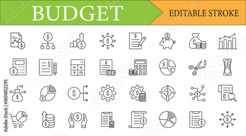 Budget & Financial Planning Editable Stroke Line Icon Set