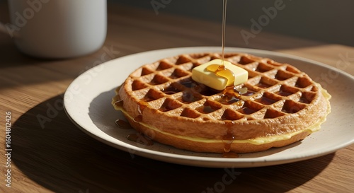 Pouring maple syrup on a delicious Belgian waffle with butter for a classic morning breakfast.