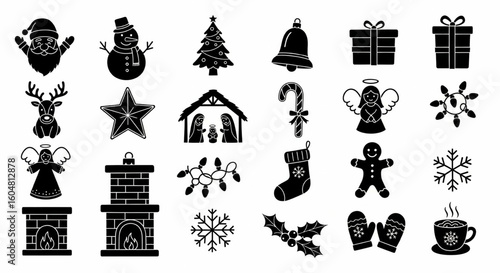 Christmas Ornaments Doodle Icon Set – Hand Drawn Santa, Snowman, Tree, Bell, Gift, Reindeer, Nativity Vector Sketch

