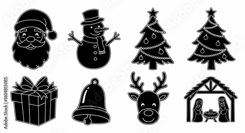 Christmas Ornaments Doodle Icon Set – Hand Drawn Santa, Snowman, Tree, Bell, Gift, Reindeer, Nativity Vector Sketch

