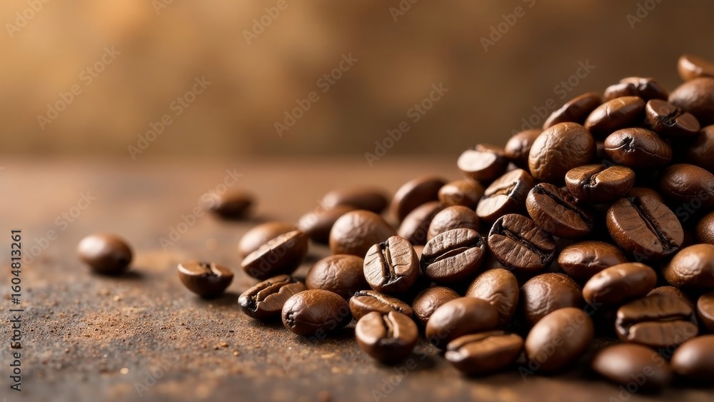 Obraz premium Aromatic Roasted Coffee Beans Close-Up Shot Showing Rich Brown Hues and Detailed Texture on a Dark Surface