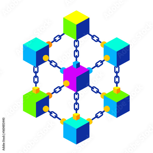 A vibrant isometric illustration depicts a decentralized blockchain network structure with colorful cubes interconnected by chains, symbolizing secure data distribution.