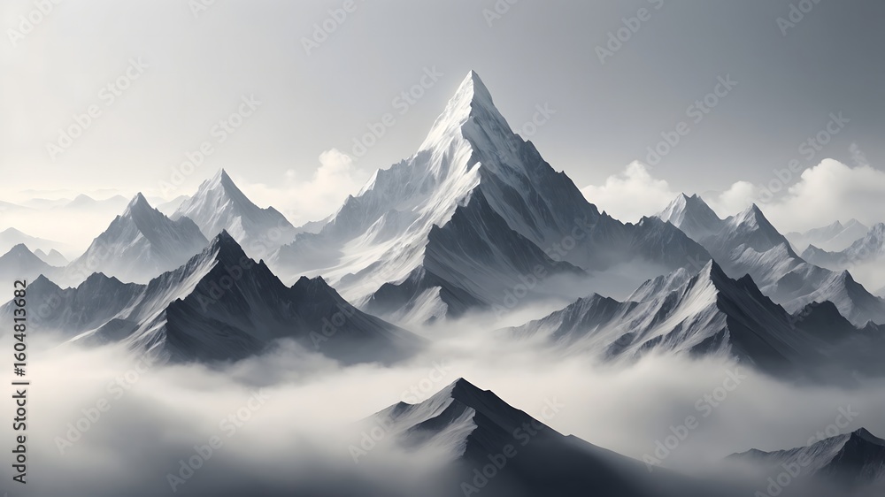 Obraz premium Monochromatic mountain range with a majestic peak rising above a sea of soft, foggy clouds in an abstract alpine landscape.