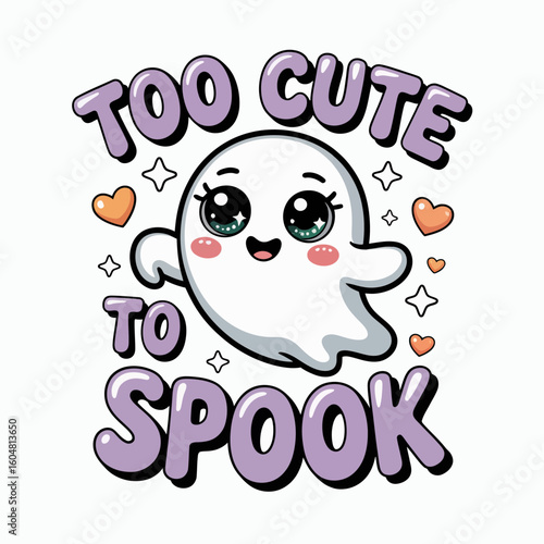 Too cute to spook poster with adorable ghost, orange and purple hearts, Halloween fun, printable card, cute design