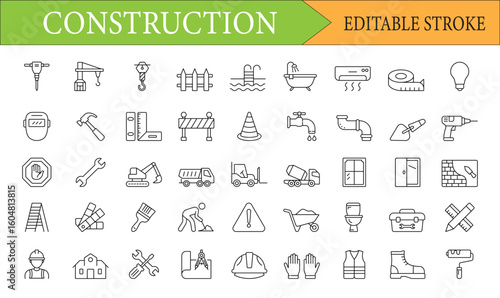 Construction & Building Editable Stroke Line Icon Set
