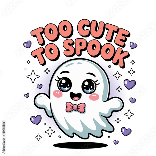Too cute to spook card with smiling ghost, purple hearts, playful Halloween, printable sticker, sweet illustration
