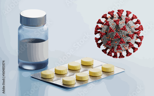 Medical Solution for Coronavirus Treatment Showing Bottle of Medicine Tablets and Virus Molecule Depicting Healthcare and Pharmaceutical Industry Response