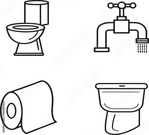 Black and White Line Drawings of Toilet Faucet Toilet Paper and Bidet water bathroom