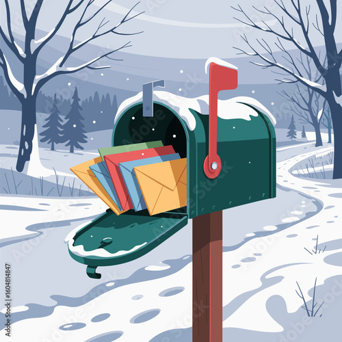 Green mailbox overflowing with letters in winter landscape, International Mail Day 