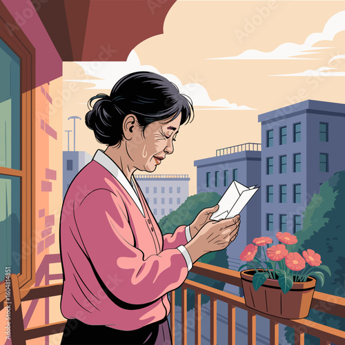 Elderly woman reading letter on balcony with flowers in background - Concept of International Mail Day  