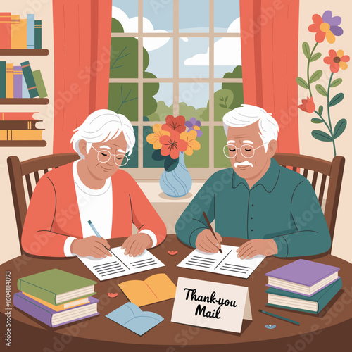 Elderly couple writing thank you notes at table for International Mail Day  