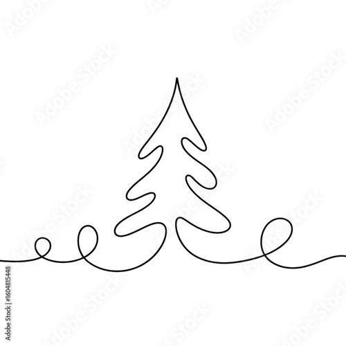 Minimalist continuous line drawing of a christmas tree with swirling base
