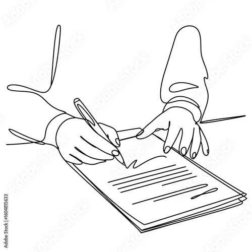 Continuous line drawing of hands signing a document with a pen