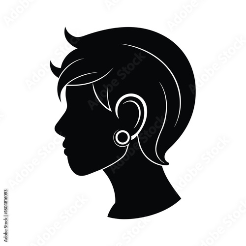 Silhouette a woman's profile with ear piercing stylized hair head face