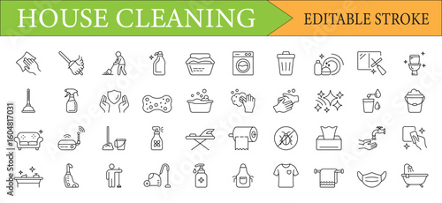 House Cleaning and Domestic Chores Line Icons Set