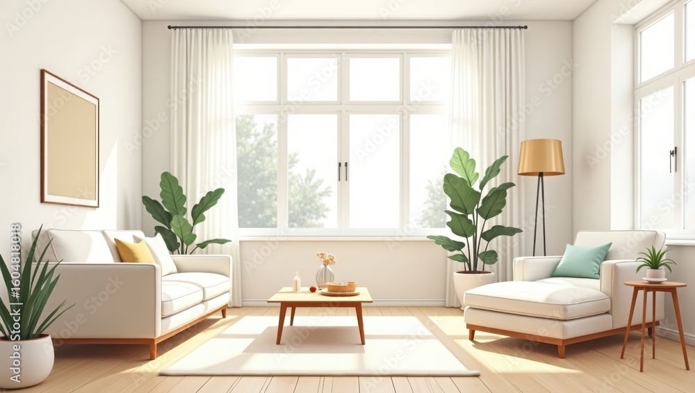 Fototapeta premium Bright, airy living room with comfortable furniture and lush greenery.