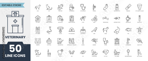 Veterinary line icon set. Contains such icons as pets, medical history, health care, vet, vaccines, test, dental care, diagnosis, x ray, veterinary clinic and more. Vector illustration