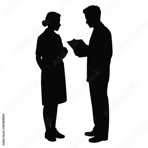 Silhouette of female doctor and male nurse discussing report or clipboard in healthcare teamwork concept vector