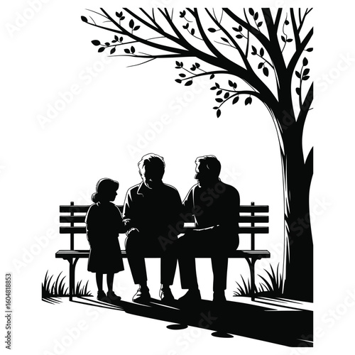 Silhouette of elderly couple sitting on bench with granddaughter standing in front in heartwarming family scene
