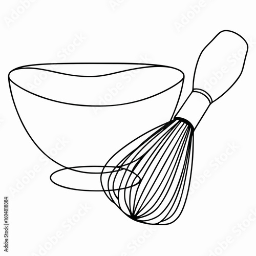 Matcha bowl with whisk in elegant line art presents tea preparation utensils. This matcha bowl and whisk illustrate a traditional Japanese tea ceremony.