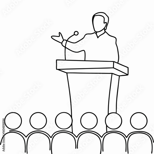 Person giving lecture in line art style for presentations. A person giving lecture from behind podium addressing audience is depicted in simple line art style. 
