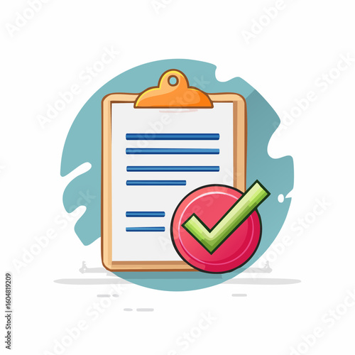 Clipboard Illustration: A vibrant illustration of a clipboard featuring a red checkmark icon, perfect for representing task completion and approval. 