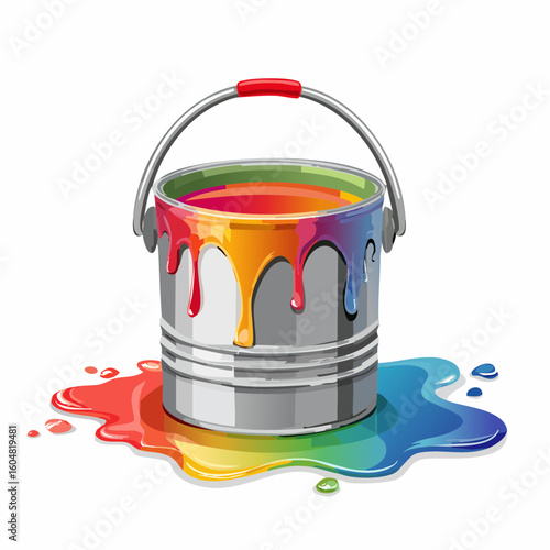 Colorful Paint Bucket: Vibrant hues of rainbow paint spill from a metallic bucket, creating a vivid display of color and creativity, perfect for artistic inspiration.