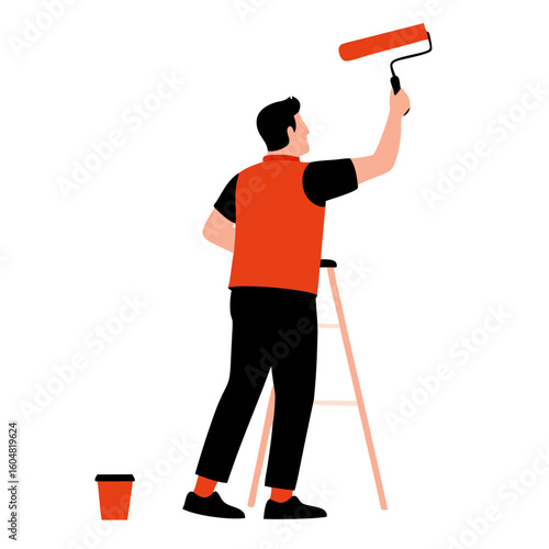 Man painting a wall with roller while standing on ladder in home renovation  